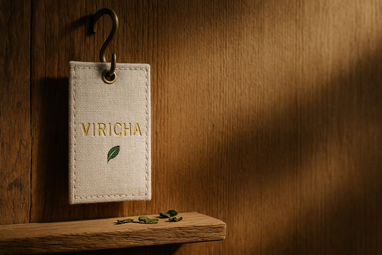 VIRICHA brand mark — linen tag with embossed VIRICHA logo and matcha leaf icon