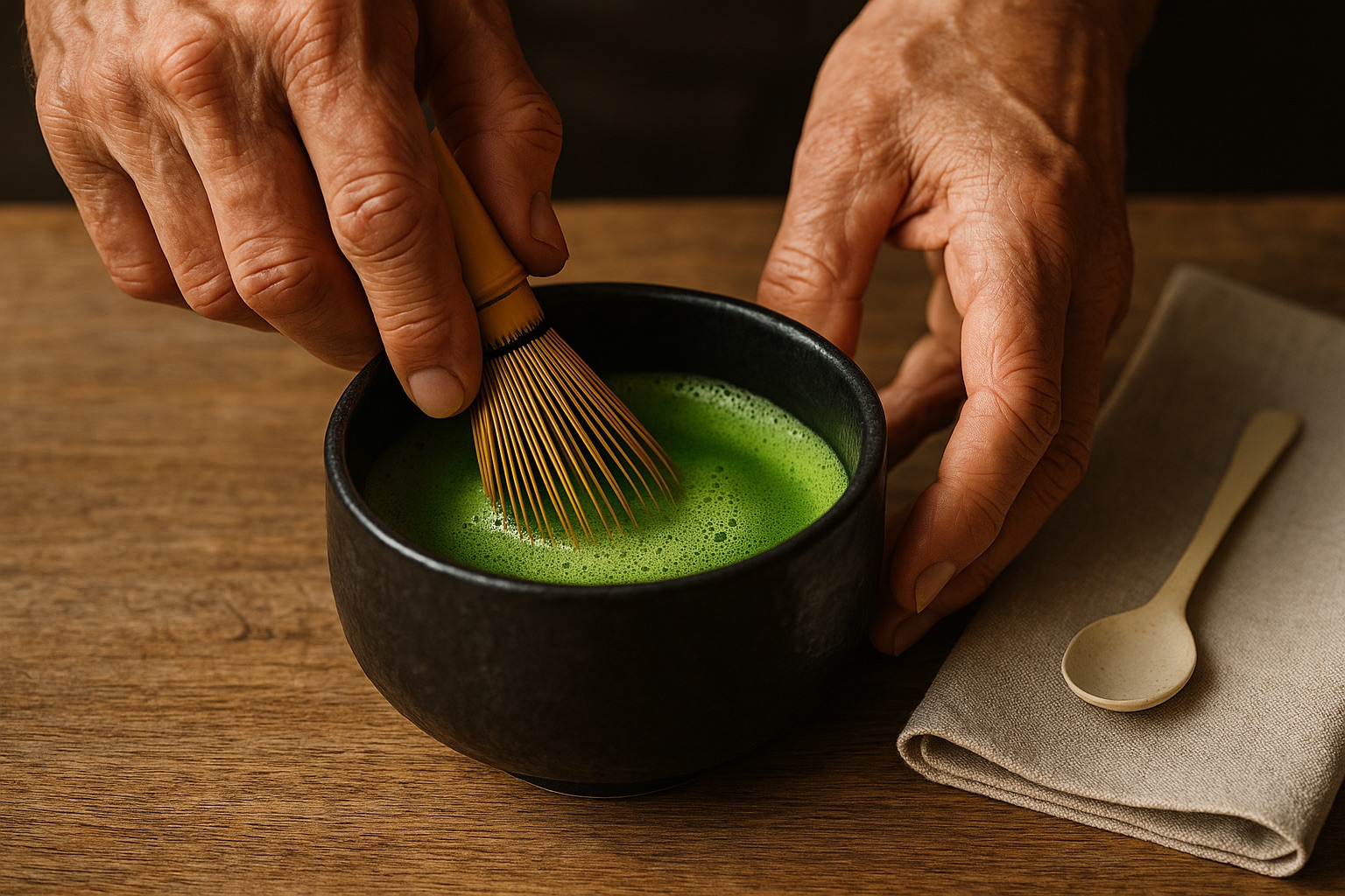 Hands whisking matcha in a black chawan bowl