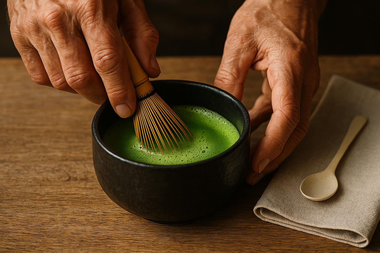 Hands whisking matcha in a black chawan bowl