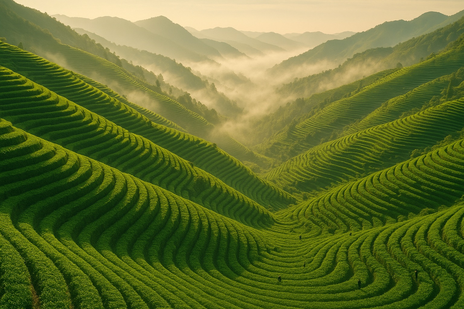 Misty terraced tea gardens at golden hour — Chinese matcha origin