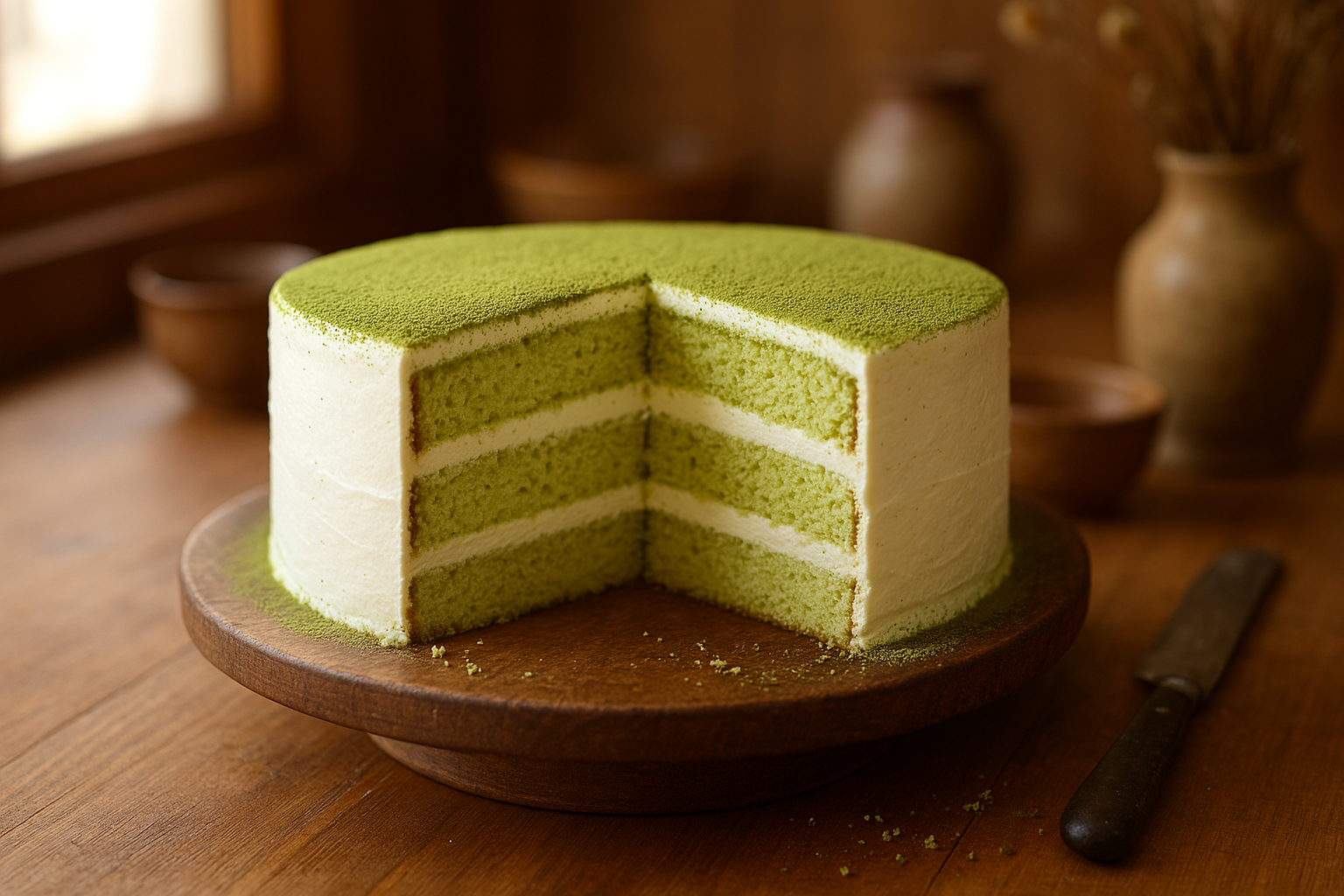 Tongren baking-grade matcha — three-layer green matcha cake on a wooden cake stand