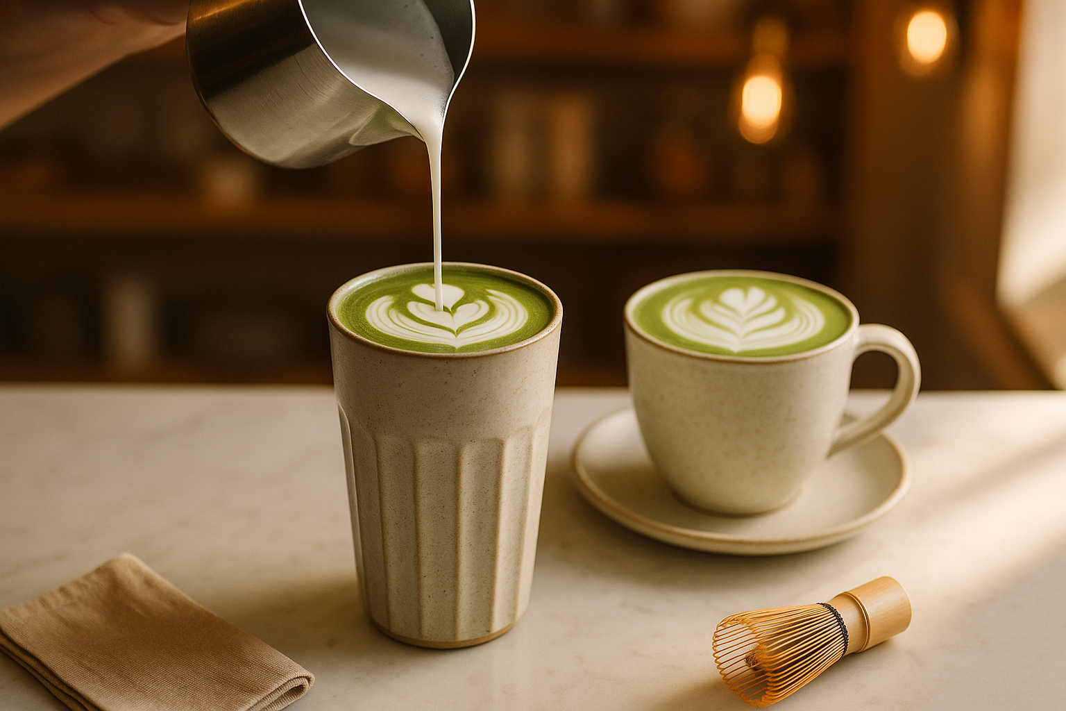 Tongren beverage-grade matcha — perfect matcha latte with leaf art in a warm cafe setting