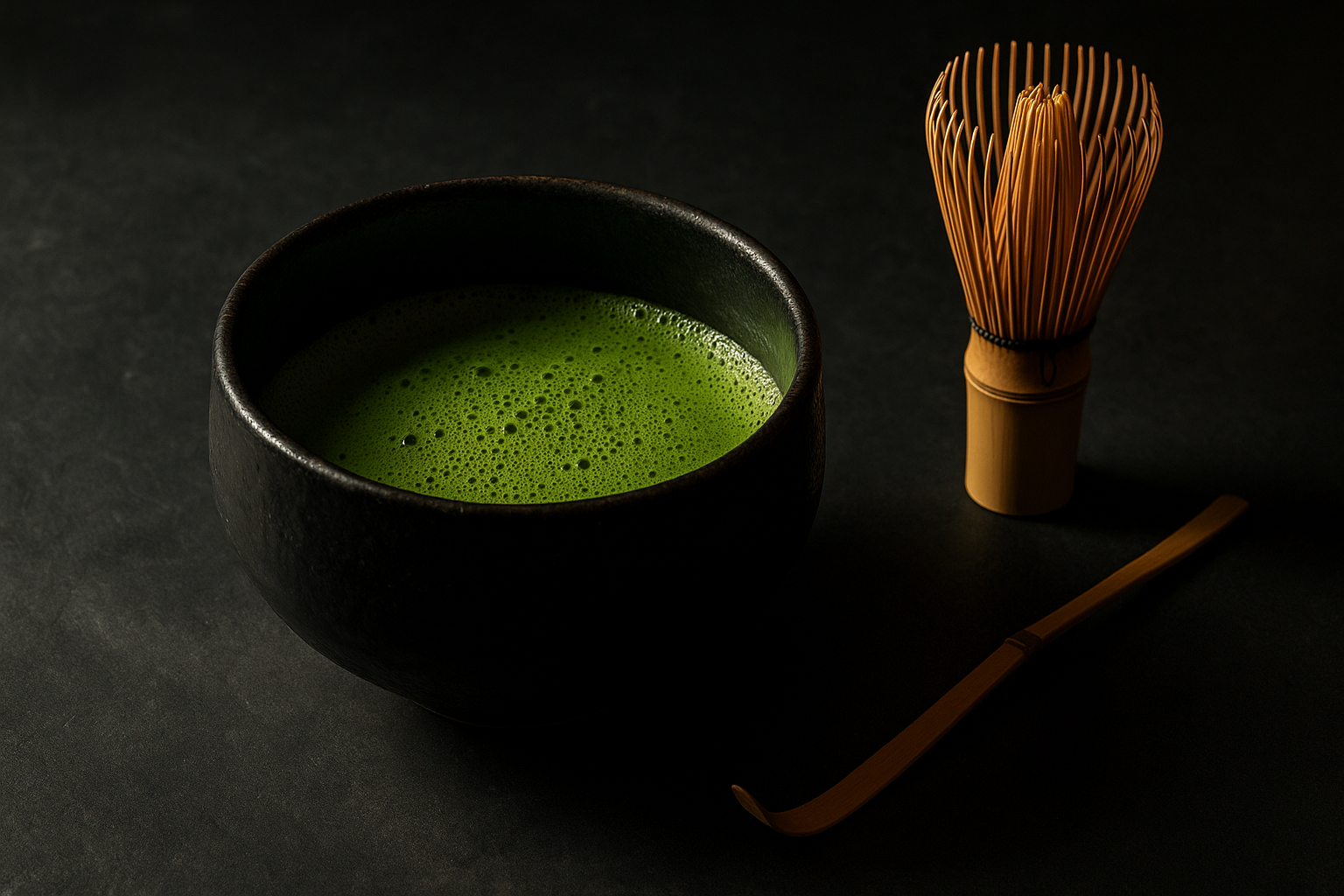 Tongren ceremonial-grade matcha — vivid emerald powder in raku chawan with bamboo whisk