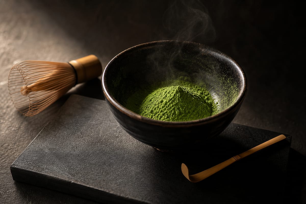 Top-grade matcha — vivid jade powder in a dark hand-thrown bowl with a bamboo whisk