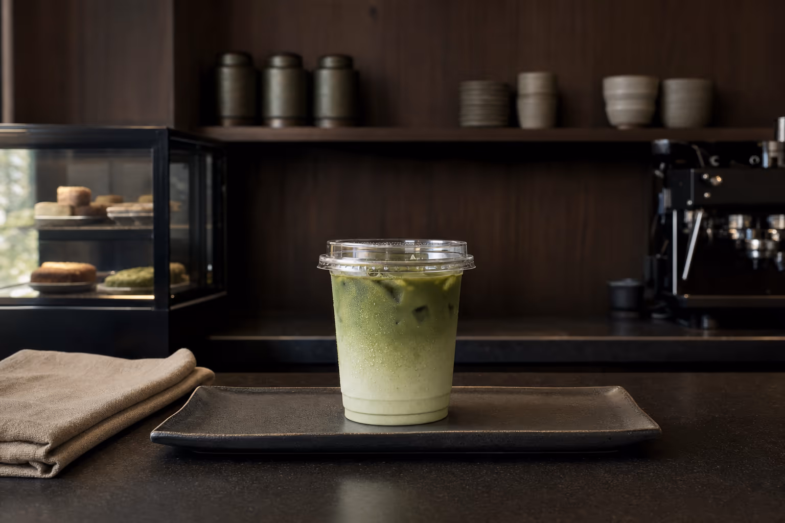 Iced matcha latte in a takeaway cup on a dark café counter